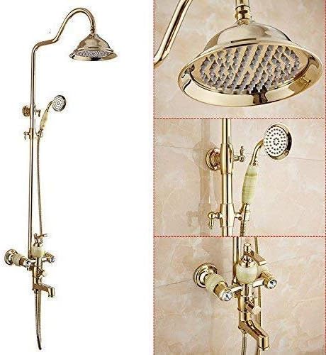 バスルームキャビネットシンク蛇口シャワーユニットレインフォールシャワーセット真鍮ゴールドハンドヘルドノズルサーモスタットと冷水バスシ