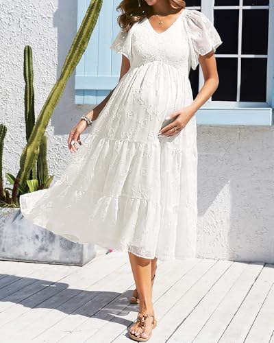 Image of Pinup Fashion Maternity Summer Dress Baby Shower Easter Pregnancy A-Line | Smocked V-neck, flutter sleeves, breathable floral fabric, bump friendly, perfect for photoshoot, spring casual,postpartum
