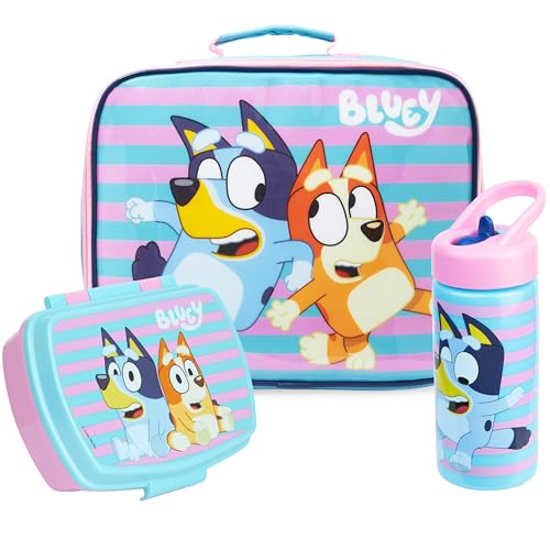 Get Trend Bluey Kids Insulated Lunch Bag 3Pc Set with Reusable Lunch Box & 14.2-oz BPA-Free Water Bottle Lightweight with Carry Handle & Name Card Window Gifts for Girls (Multi Bluey)