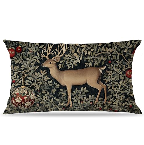 BUJSP Vintage Christmas Botanical Deer Pillow Covers 12x20 Double-Sided, Dark
