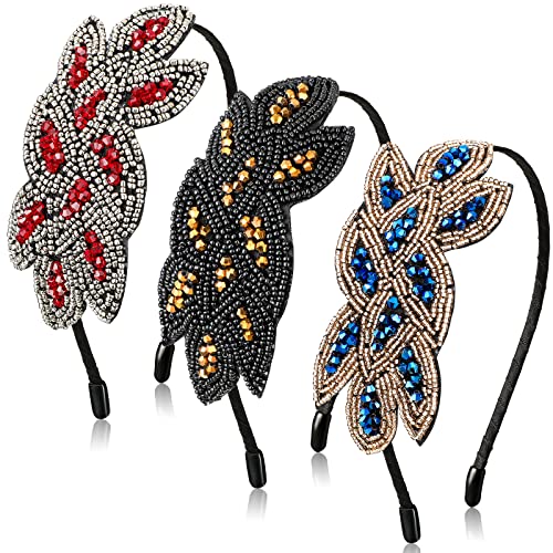 1920er Jahre Stirnbänder für Frauen 3 Stück schwarze Flapper Kopfbedeckung Perlenblatt 1920er Jahre Zubehör Valentinstag (rot, dunkelblau, gold) Cover