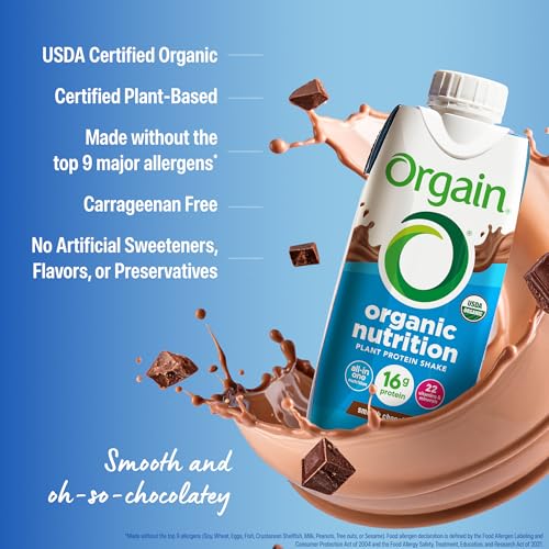 Image of Orgain Organic Nutritional Vegan Protein Shake, Smooth Chocolate - 16g Plant Based Protein, Meal Replacement, 22 Vitamins & Minerals, Fruits & Vegetables, Gluten Free, Non-GMO, 11 Fl Oz (Pack of 4)