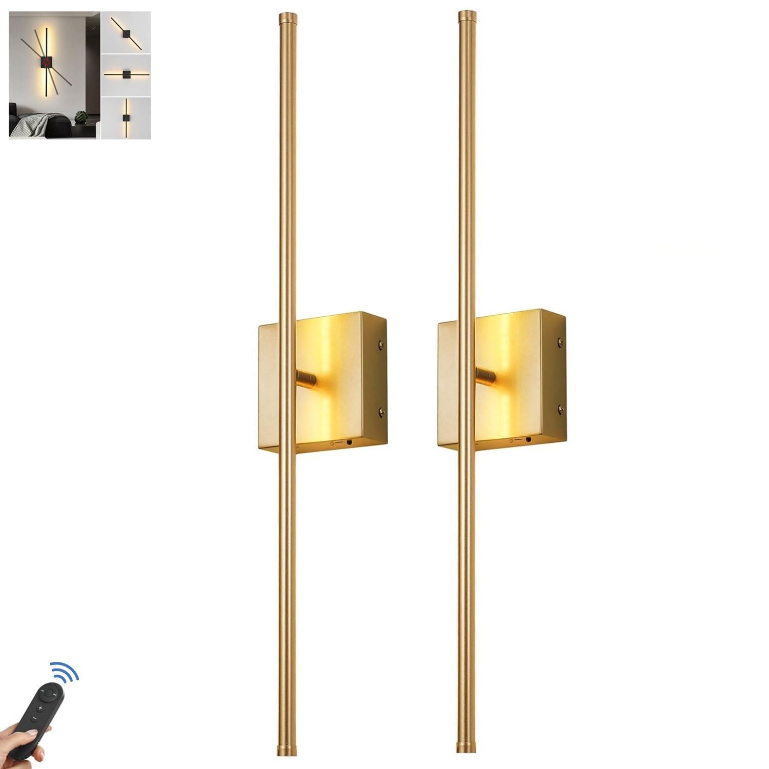 PENTWAN Battery Operated Wall Lights Indoor, USB Rechargeable LED Wall Lamp with Remote Control, Dimmable Touch Wall Light Wireless, 350Β° Rotation Modern Wall Sconce for Living Room Bedroom(Gold)