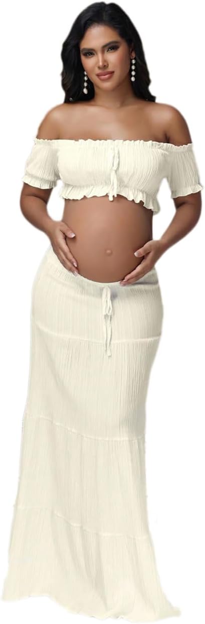 JustVH Maternity 2 Piece Outfits Dress Boho Off Shoulder Ruffle Tube Top Flowy Long Skirt for Photoshoot Baby Shower