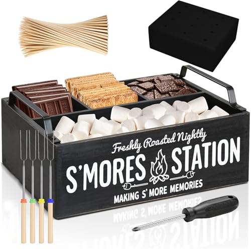 lynorra 4-in-1 Smores Station with Wooden Stand Forks & Bamboo Sticks | Smores Station Caddy Organizer & Farmhouse Smores Bar Holder for Indoor Outdoor Use Camping BBQ Parties & Housewarming Gift