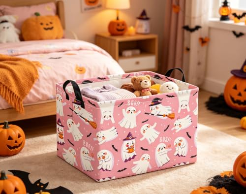 Image of Halloween Basket Cute Baskets for Kids Pumpkin Basket Rectangular Storage Bin Organizer Box Room Decor(Pink Magic Ghost)