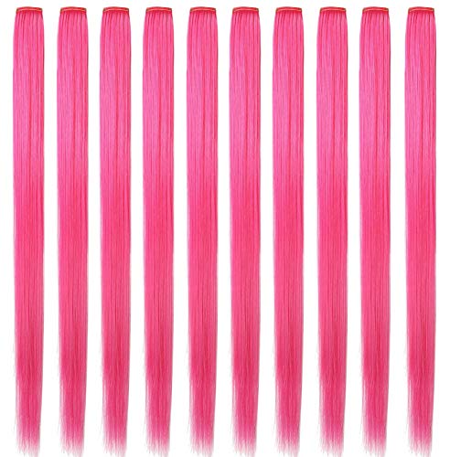 LSKJMO 10PCS 20 inch Colorful Party Highlights Clip in Pink Hair Extensions Multicolor Straight Synthetic Hairpieces for Women (Pink)
