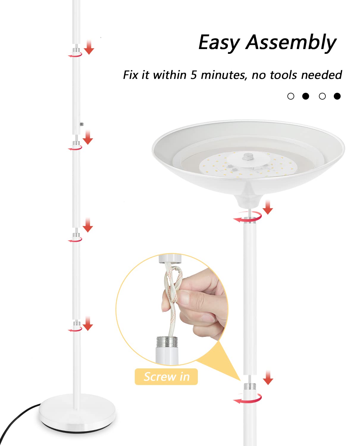 BoostArea Torchiere Floor Lamp, 24W Super Bright LED Standing Lamp, 3000K Stepless Dimmable Pole Lamp with Rotary Switch, 70 Inch Tall Metal Modern White Floor lamp for Living Room/Bedroom/Office/Den