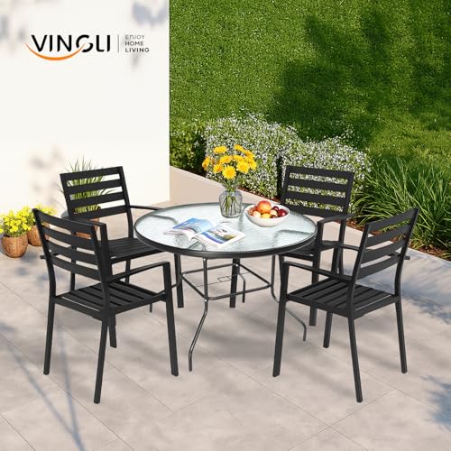 Image of VINGLI 40'' Outdoor Dining Table with Umbrella Hole, All Weather Round Patio Table, Waterwave Tempered Glass Top and Metal Frame, for Garden Porch Balcony Yard