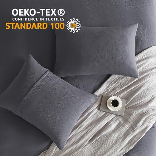 SE SOFTEXLY Muslin Duvet Cover King Size, 100% Washed Cotton Duvet Cover Set, Ultra Soft Comforter Cover Linen Like, 3 Pieces Minimalist Gauze Duvet Cover with 2 Pillowcases, 90"x104", Dark Grey
