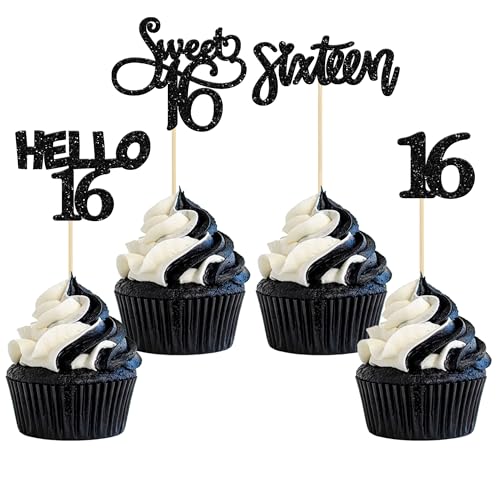 Gyufise 24Pcs Black Glitter 16th Birthday Cupcake Toppers Sweet 16 Cake Toppers Hello 16 Sixteen Cupcake Picks for 16th Birthday Cake Decorations Supplies