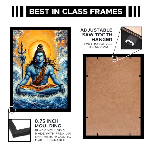 Image of Lord Shiva Premium Framed Wall Poster (12x18 Inch) | Shiva Meditation Wall Art | Hindu Spiritual Decor with Trishul & Ocean Waves for Puja Room, Bedroom, Living Room & Meditation Space