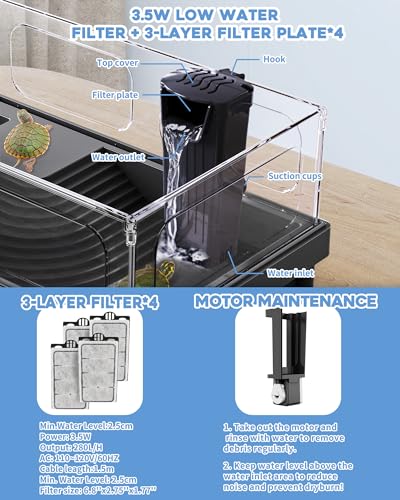 Image of MoonOrange Small Turtle Tank, Aquarium, Acrylic Terrarium with Basking Platform, Bottom Drainage, Multi-Function Areas for Turtles, Crabs, Crayfish, Reptiles (Black+Filter)