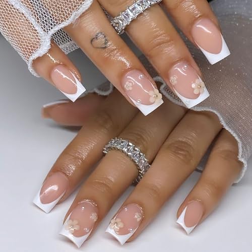 Press on nails Square medium False Nails French Tip Fake Nails with Pearl 3D Flower Designs Artificial Nails Glossy Cute Glue on Nails Whhite Stick on Nails for Women 24pcs