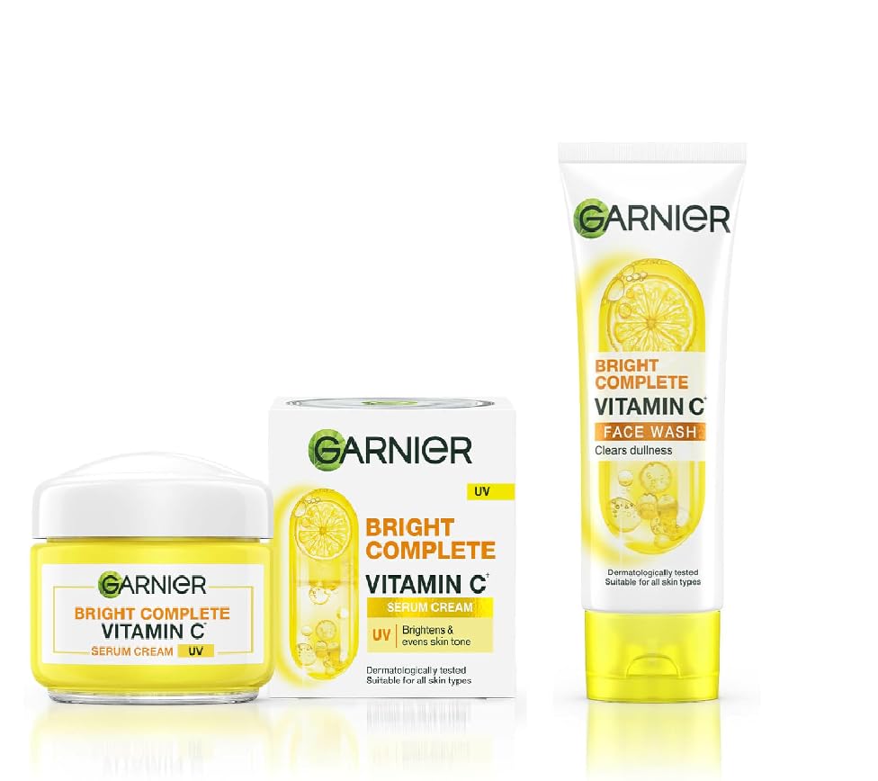 Image of GARNIER Bright Complete Vitamin C Serum UV Cream-23g for Sun Protection and Skin Brightening + Bright Complete Vitamin C Foaming Facewash-50g (2 Item In Set)