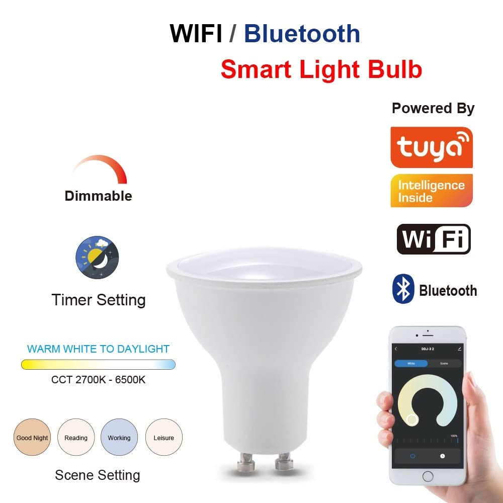 HHF Iluminación del hogar, Paquete de 10 luces LED AC220V 5W GU10/E27/MR16 2835SMD WIFI Bluetooth Smart APP Lámpara reguladora de intensidad de color 2700-6000K(GU10)
