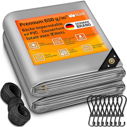 tillvex® Bâche de Protection avec Oeillets + 10 Crochets et Corde de 15 m - Bâche en Tissu 650 g/m² imperméable et indéchirable - Bâche PVC Universelle...