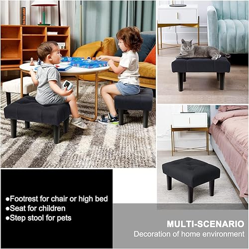 Image of Small Velvet Soft Foot Rest Footstool Ottoman with 4 Wooden Legs, Additional Seating Sofa Footrest for Living Room Entryway Set of 1 Black