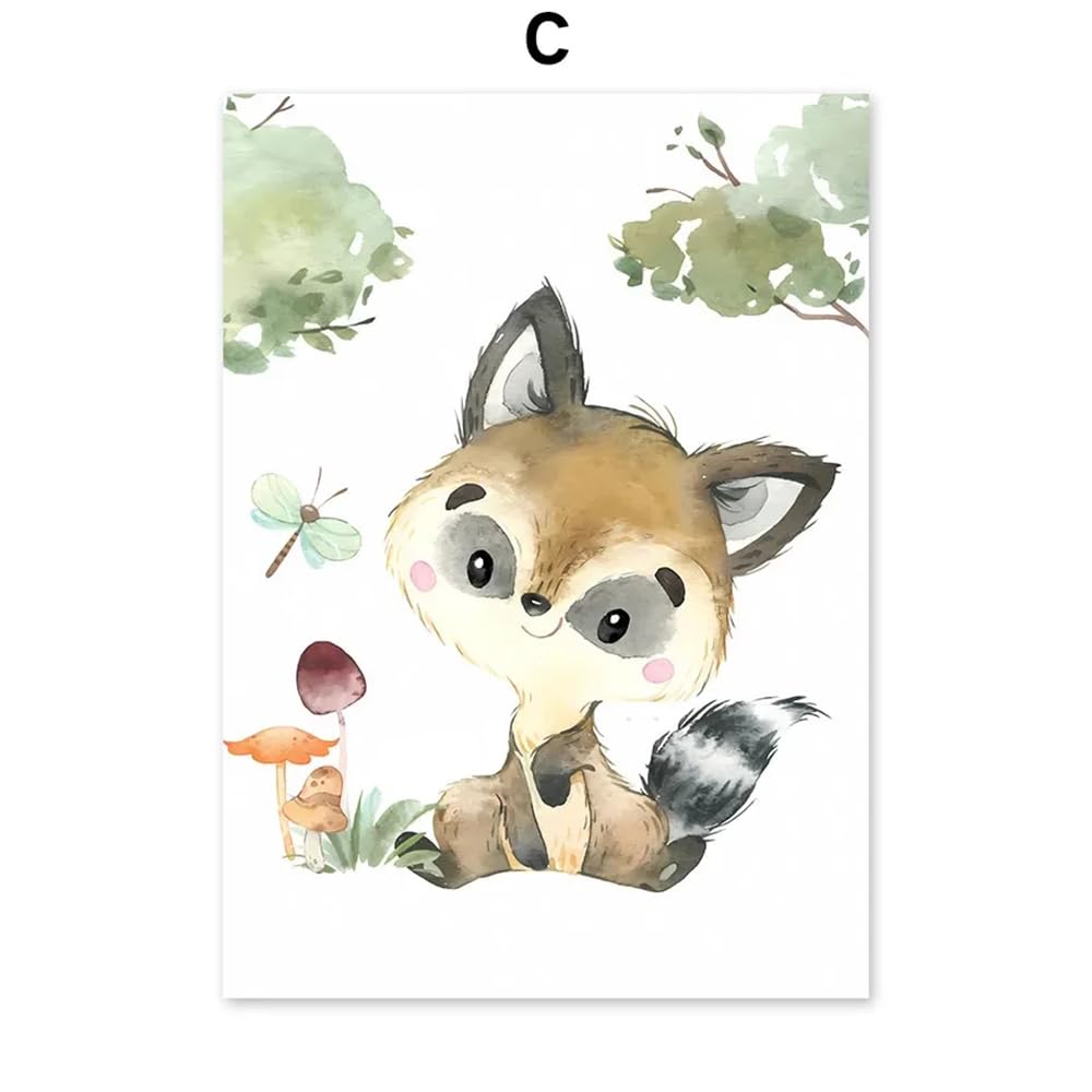 Youihom 6 Quadro Animali Bosco Quadretti Personalizzati Bimba Poster con Lettere del Nome Bambini Stampe Cameretta Neonato Volpe Orso Scoiattolo Cervo Marrone Verde Quadri Tela 21x30 senza Cornice