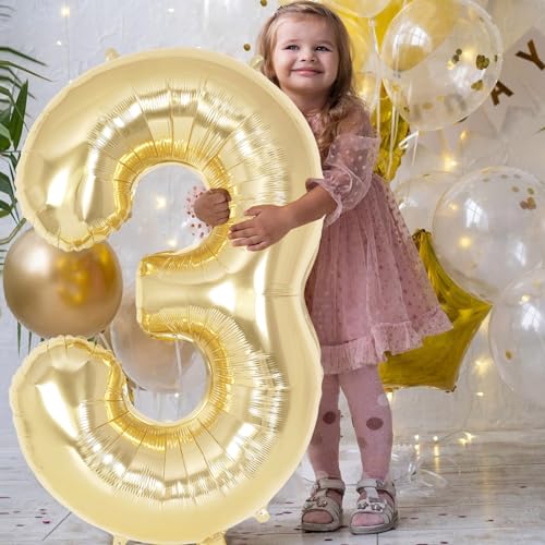 Image of Champagne Gold Large Number 3 Balloon, 40 Inch Light Gold Foil Helium Number Balloons, Giant Mylar Number 3 Balloons for 3 Years Old Birthday Party Anniversary Decorations