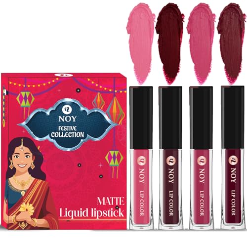 Image of Noy Liquid Matte Festival Lipstick Pack 4 Unique Colors Peach, Coffee Wine, Pruple, Maroon Shades
