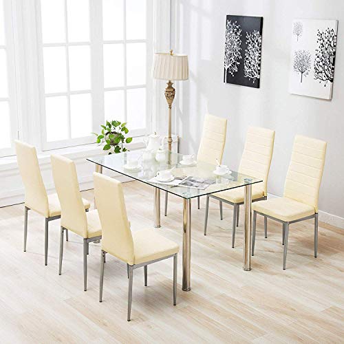 Mecor 7 Piece Glass Kitchen Dining Table Set, Glass Top Table with 6