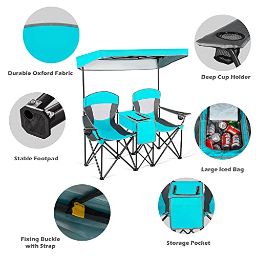 Goplus Double Beach Chair With Canopy Shade, Folding Lawn Camping Chairs With Sunshade & Mini Table Beverage Holder & Carrying Bag For Outdoor Travel Hiking Fishing Poolside (Lake Blue) #TOP6