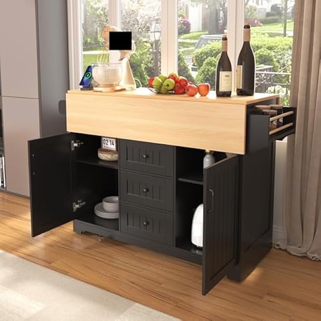 55.7'' Large Kitchen Island with 2 Drop Leaf, Rolling Kitchen Cart on 5 Wheels with Power Outlet, Folding Storage Dining Table-UYi8fM4W