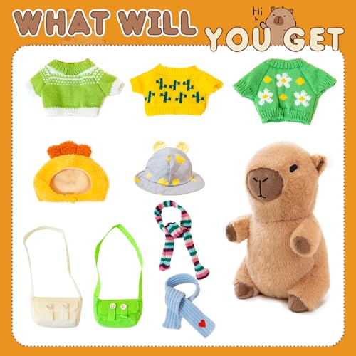 Image of Capybara Plush for Boys Girls Birthday Dress Up Cute Plushies,10 Pcs Set,9 Clothes and Accessories Kawaii Stuffed Animal Plushie Toy, Soft Peluche Doll for Kids 10.2 in