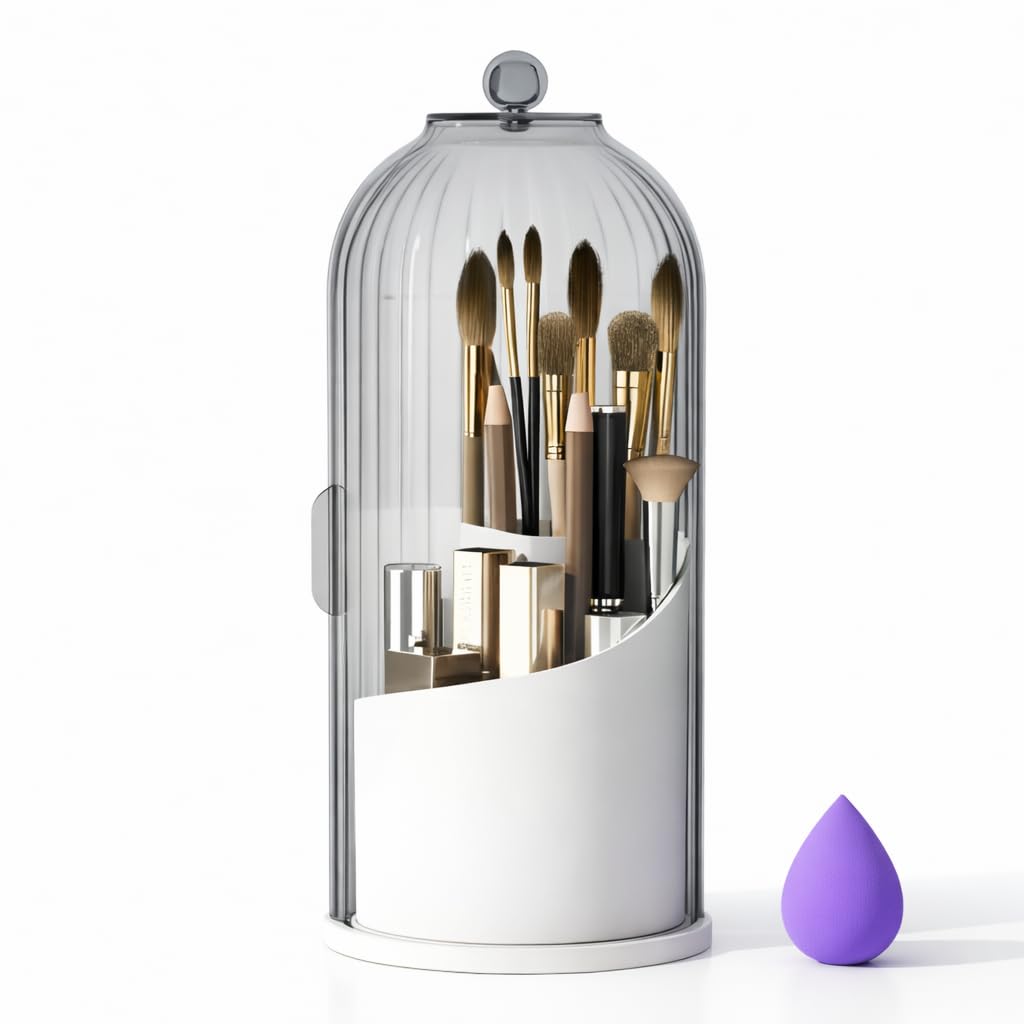 Cosmetic Makeup Brush Holder with Makeup Sponge, Dustproof Makeup Brush Organiser Stand with 360° Rotatable Lid - 12.5 x 27 Cm - White - 1 Year Warranty