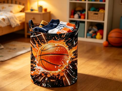 Image of ESSME Basketball Laundry Basket,Sport Hamper Collapsible Canvas Waterproof Storage Bin, Cute Hamper,Gift Baskets(Basketball)