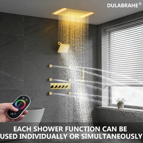 Sistema de Ducha Termostático Inteligente 14 X 20 Pulgadas Cabezal de Ducha LED de Lluvia para Techo, Mezcladora para Baño, Set con Jet Corporal en Bronce Cepillado miniatura 2