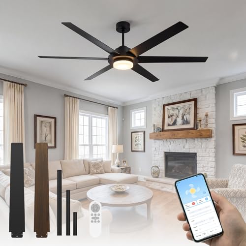 64 Inch Ceiling Fans with Lights, Large Ceiling fan with Light and Remote/APP Control, 3CCT, Dimmable, Noiseless DC Reversible Motor, 6 Blades Black Ceiling Fan for Bedroom Living Room Outdoor