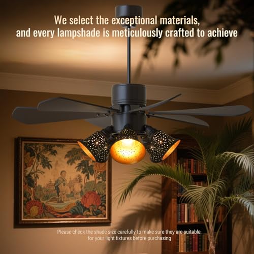 Image of 4 pack ceiling fan light covers- small mini lamp shades,metal lamp shade for pendant light shade, wall lamp, with 1-5 /8 inch Fitter, 4-3 /4 inch Height and 4-3 /4 inch Diameter, Antique bronze gold colors.