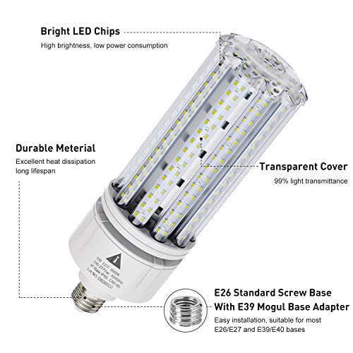 2 Pack 100W LED Corn Light Bulb 5000K Daylight 15000 Lumens Super Bright, E26/E39 Base Led Corn Bulbs Replace Metal Halide HID CFL for Outdoor Commercial Industrial Lighting Garage Warehouse Backyard by ZP - Used condition - Image 3