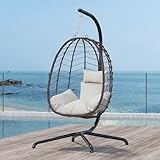 LEX CRAFT Hanging Egg Chair with Stand, Swinging Egg Chair Outdoor Indoor, Hanging Basket Chair with Cushion, Patio Wicker Hammock Chair 350lbs Capacity for Porch, Balcony, Backyard, Garden (Beige)