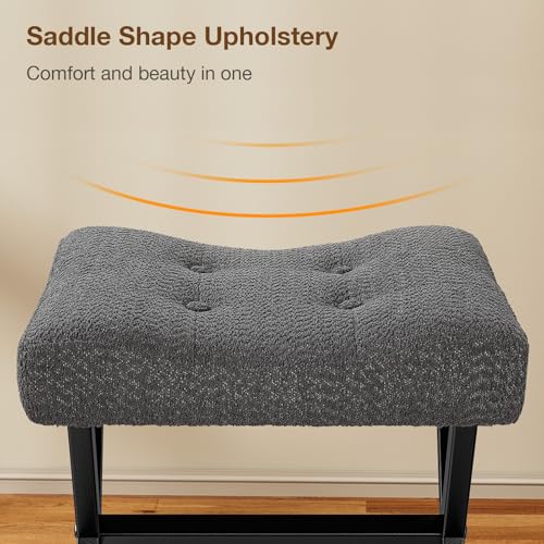 Image of Memobarco 18-Inch Large Vanity Stool Chair, Vanity Bench with Metal X-Legs, Ottoman Accent Stool with Breathable and Soft Boucle Fabric Saddle Seat, Grey