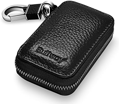 Buffway Car Key case,Genuine Leather Car Key Chain Keychain Holder Metal Hook and Keyring Zipper Bag for Remote Key Fob - Black