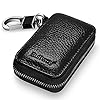 Buffway Car Key case,Genuine Leather Car Key Chain Keychain Holder Metal Hook and Keyring Zipper Bag for Remote Key Fob – Black