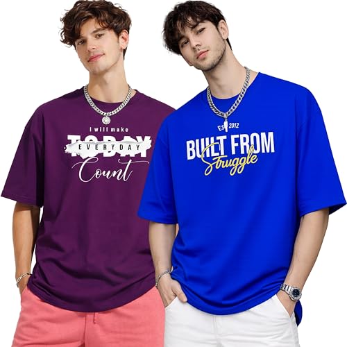 Image of London Hills Printed Cotton Blend Half Sleeve Oversized Men Round Neck Tshirts | T Shirt for Man | Tshirt | Shirts Men | Tshirt for Man | T-Shirt | Pack of 2