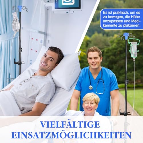 Infusionsständer mit Rollen und Ablagehaken, Faltbar Höhenverstellbar IV-Ständer mit 4 Haken und 3 Rädern, Tragbarer Infusionsständer für Krankenhaus, Hauspflege und Unterwegs (mit Ablagehaken)