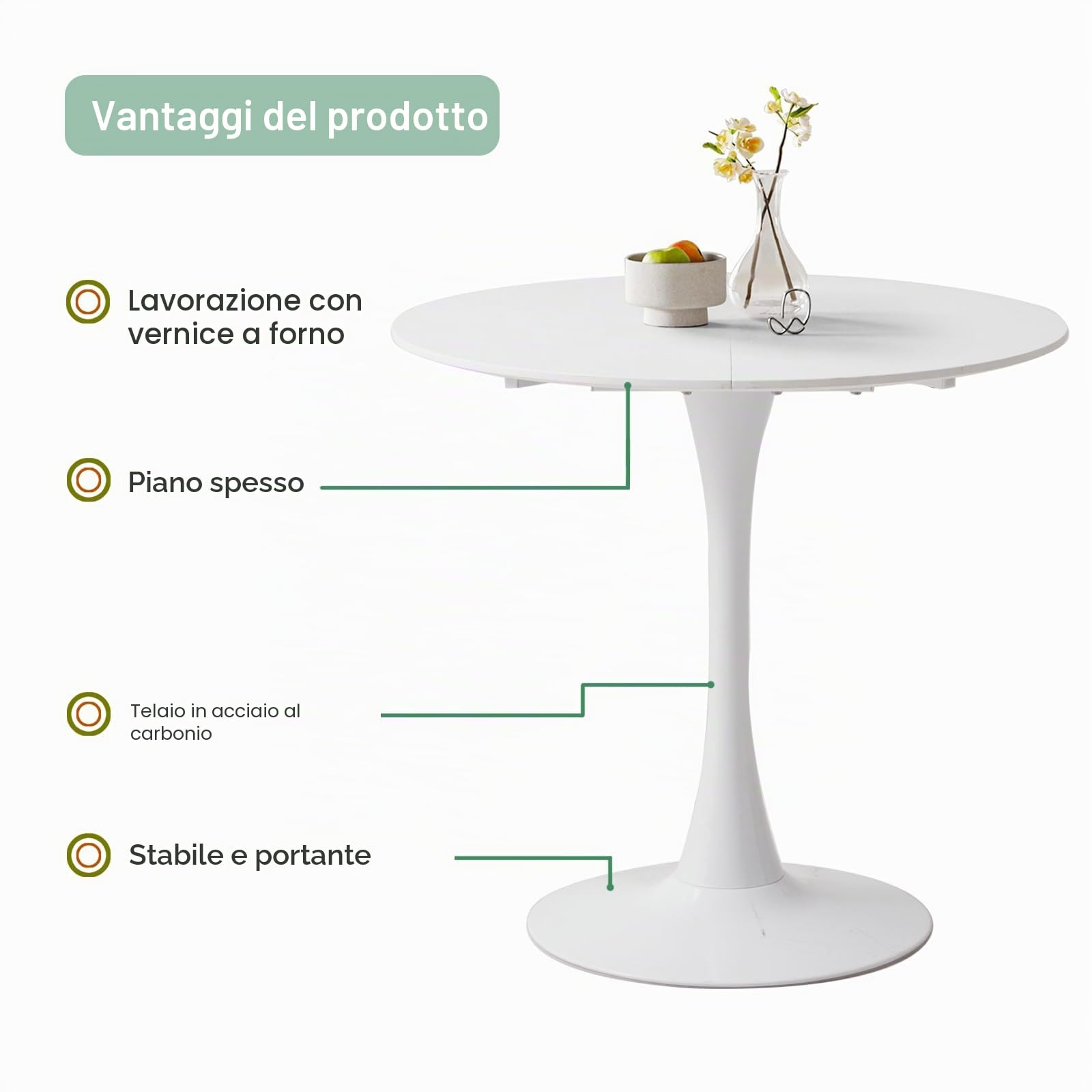 Tavolo Rotondo 80 cm,Tavolo Tondo,Adatto per 2-4 persone,Pannello MDF/Struttura in Metallo,Adatto Per Sala da Pranzo Cucinao,Bar,Soggiorno (Bianco)