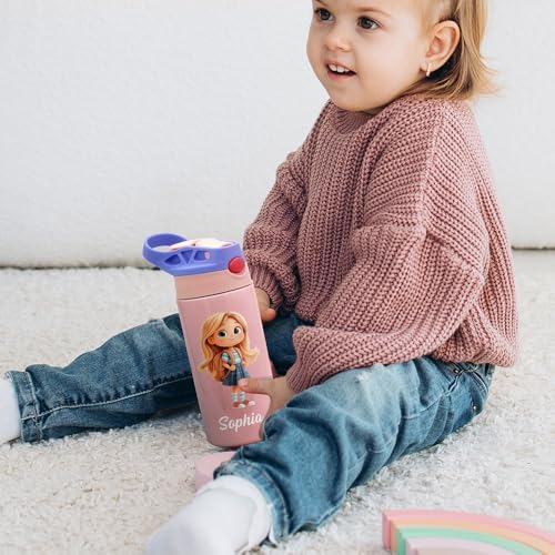 Image of callie Personalized Insulated Kids Water Bottle with Cartoon Character, Custom 12 oz Leak Proof Lid Stainless Steel Cups with Straw, Gifts for Boys Girls