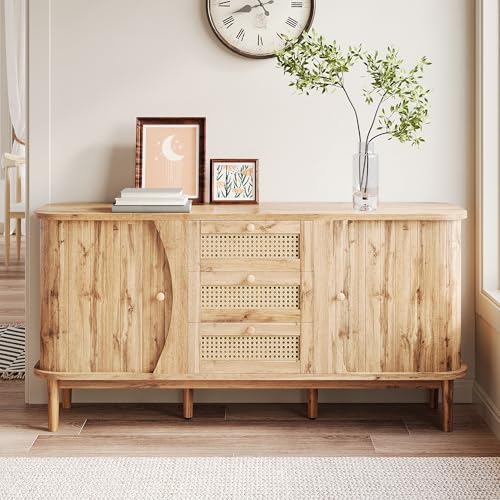SUKY Aparador Madera para Salón,Mueble Almacenaje con 2 Puertas Correderas y 3 Cajones de Ratán,Diseño Esquinas Redondeadas,Vintage Aparador Entrada Decorativo para Salón,Dormitorio y Entrada de Casa