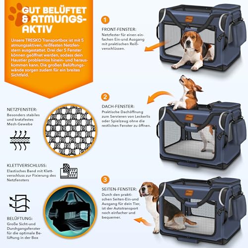 TRESKO® Hundebox faltbar inkl. Leckmatte, Spatel & Reflektoren M 61x42x42cm | Transportbox für Hunde und Katzen | Hundetransportbox Auto für kleine & große Hunde | Hundetasche robust Navyblau