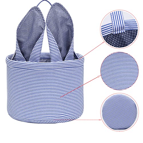 Image of XinblueCo Easter Bunny Basket Seersucker Egg Bags for Kids,Personalized Candy Egg Basket Rabbit Print Buckets with Fluffy Tail Gifts Bags for Easter(Seersucker Blue)