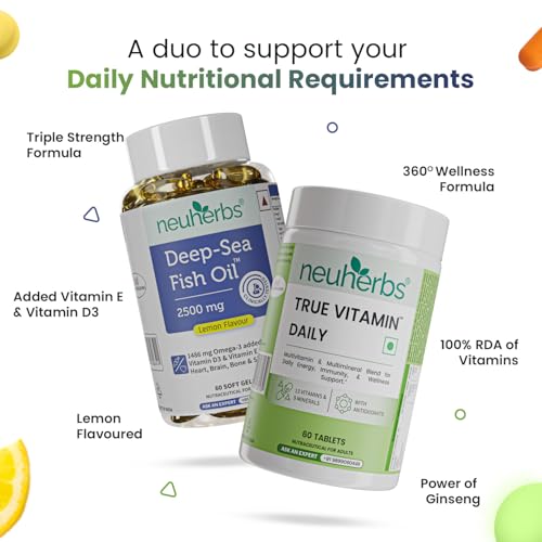 Image of Neuherbs Daily Vitamin Supplements Combo - Multivitamin + Fish Oil (Deep Sea Fish Oil 2500mg [60 softgel] + True Vitamin [60 tabs] - Immunity Combo)