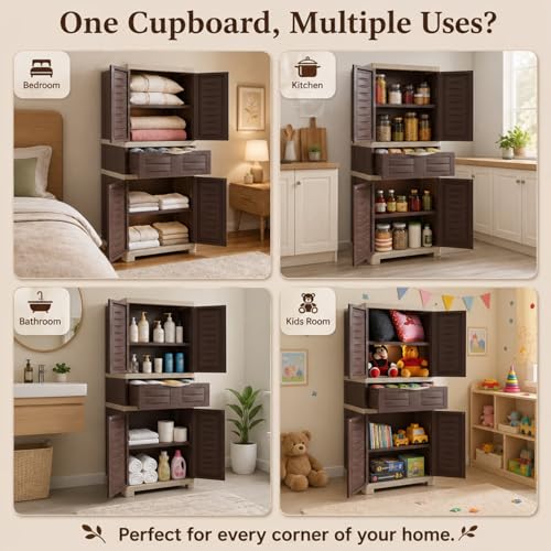 Image of Supreme Furniture Fusion 02 MDR 01 Multipurpose Plastic Cupboard | 40-Months Warranty* |2 Door Cabinet with 1 Drawerat Center | Spacious Shelves | Big Storage for Bedroom| DIY | Brown Beige