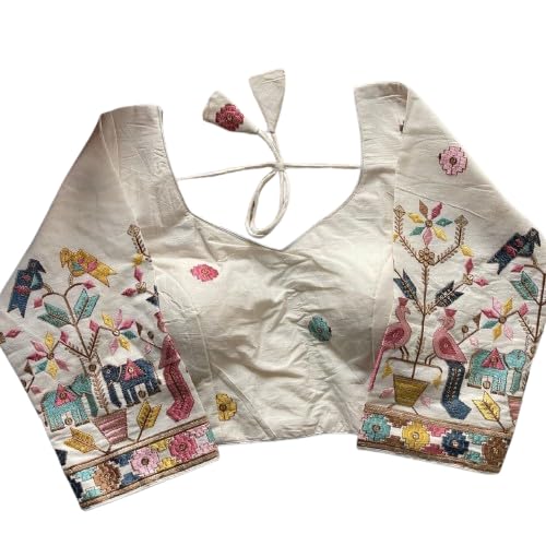Cotton V Neck Blouse with Elephant and Peacock Embroidery - Women's Ethnic Saree Top - Versatile Cultural Motif Blouse - Stitched Pattern