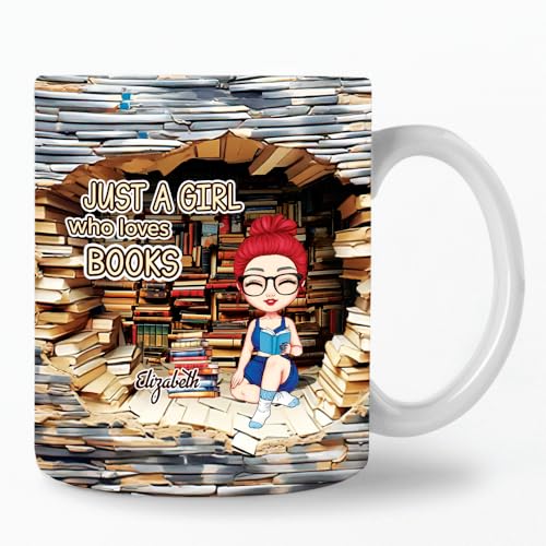 Image of Personalized Books Lover Mug, 11oz 15 oz Ceramic Coffee Cup, 2D Cracked Wall Reading Girl Design, Gift for Women Readers, Christmas